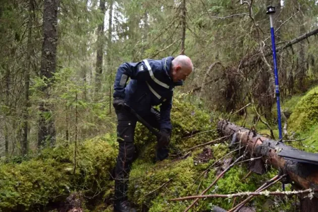 A man digging a pit with a shovel in a green forest patch