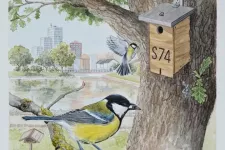 Black tit in the front with an urban area and holk on a tree in the back. Painting.
