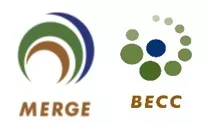 Logo of MERGE and BECC. MERGE with semi-circled lines in brown, green and blue. BECC with green dots around a blue central dot.