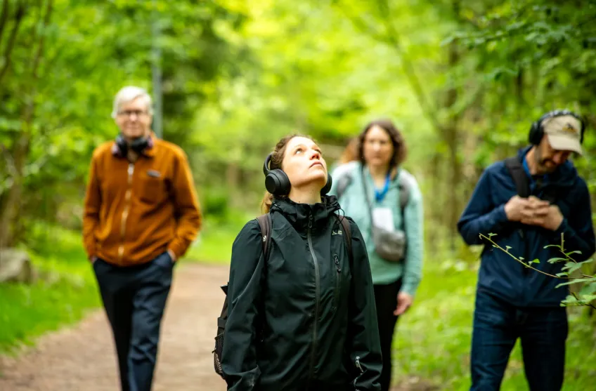 En kvinna går med hörlurar i skogen och tittar upp mot lövverken
